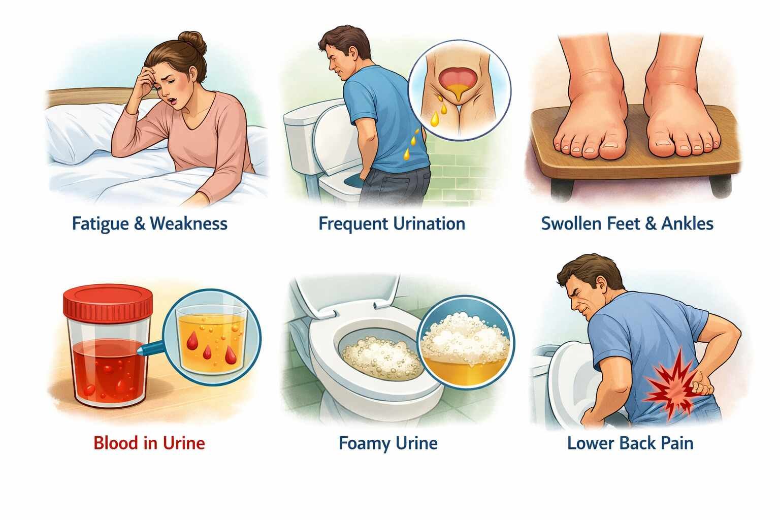 Illustrations showing early signs of kidney problems including fatigue, frequent urination, swollen feet, blood in urine, foamy urine, and lower back pain.
